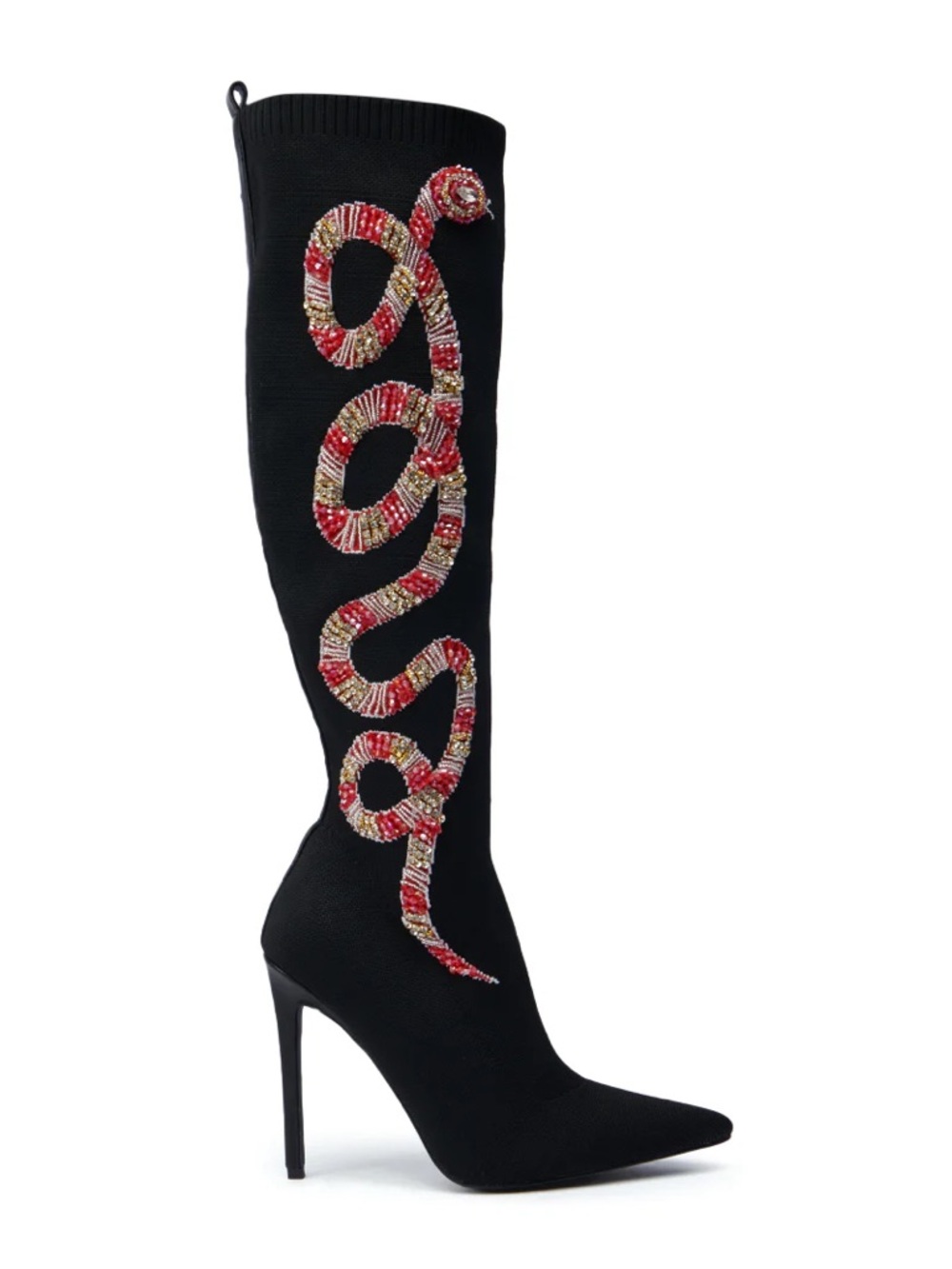 Black Over-the-Knee Stiletto Boot with Red Beaded Snake Detail - Picture 4 of 6